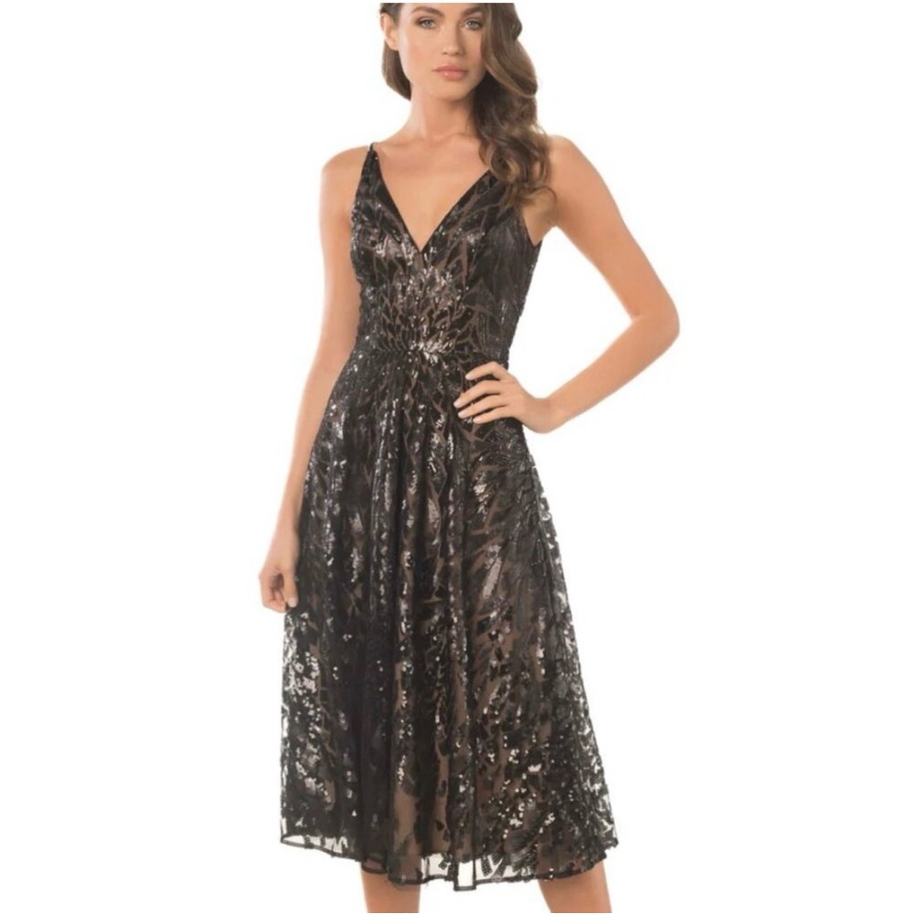 Dress the Population Elisa Starburst Black Sequin Midi Cocktail Dress Sz S
